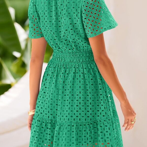 2025 Women Summer Short Dress V Neck Short Sleeve A Line Hollow Out Lace Ruffle - Picture 2 of 8